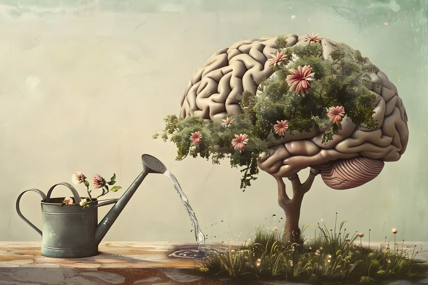 Brain-shaped tree being watered by a metal watering can on a tabletop, flowers growing from its foliage