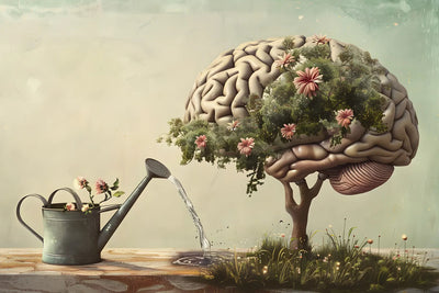 Brain-shaped tree being watered by a metal watering can on a tabletop, flowers growing from its foliage