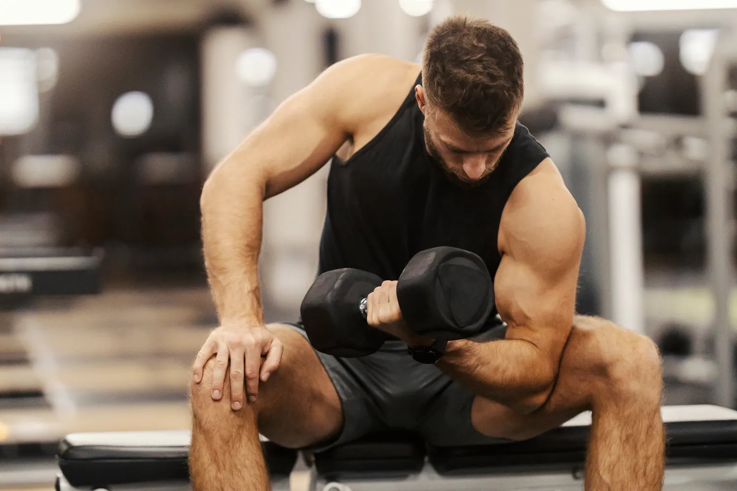 Man seated on a bench doing a concentration dumbbell curl in a gym