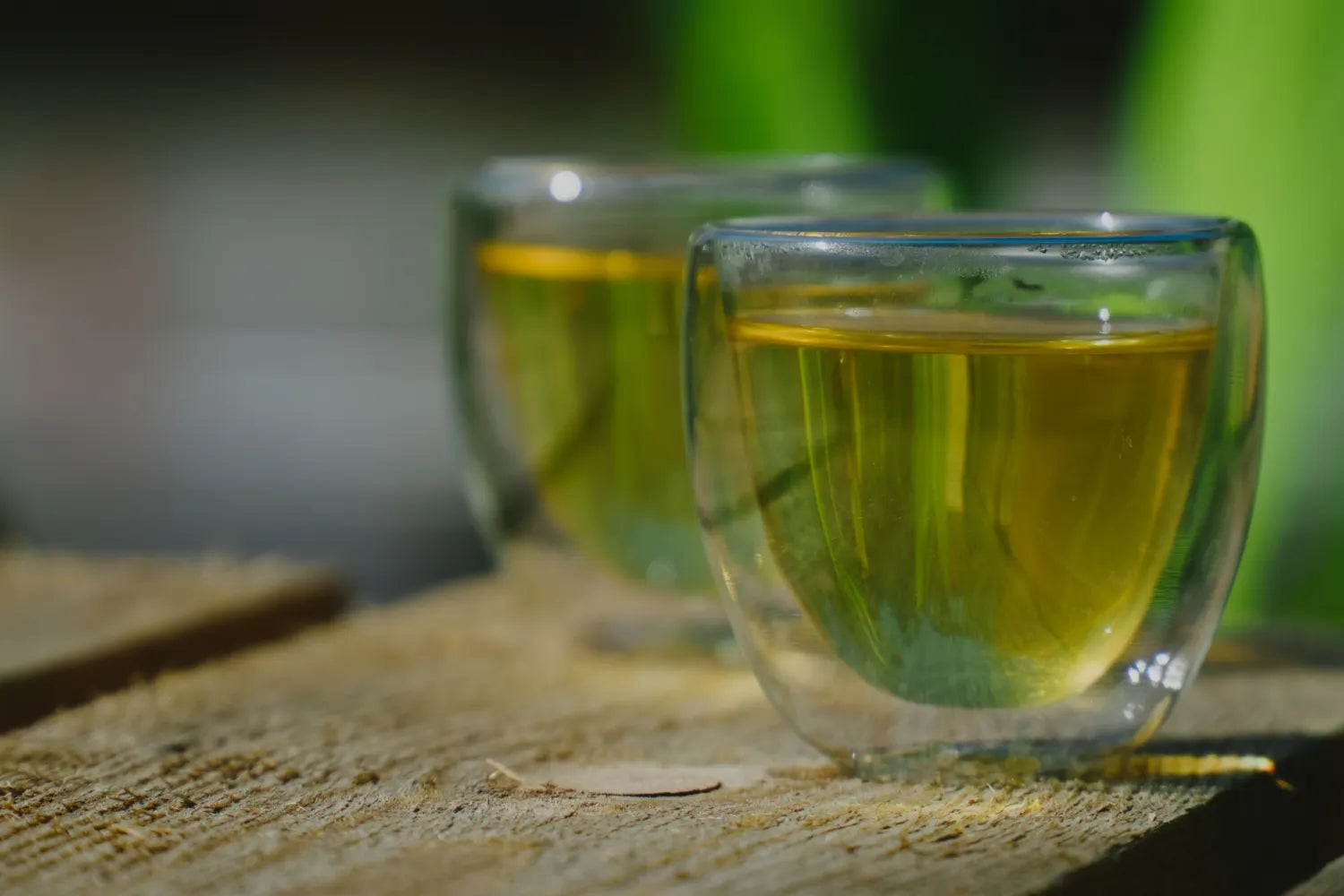 Two double-walled glass cups filled with pale green tea on a sunlit wooden plank