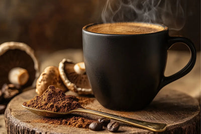 Steaming mug of Mushroom Coffee on a wooden board with a spoon of mushroom powder and mushrooms in the background