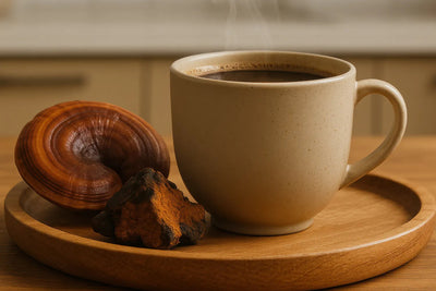 Close-up of mushroom coffee in a beige mug showcasing steam and whole reishi and chaga pieces on a round wooden tray