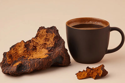 Mug of mushroom coffee next to large pieces of chaga mushroom on a beige background