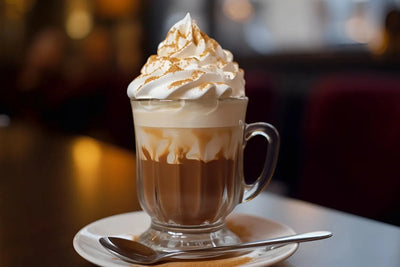 Front view of mushroom coffee in a clear glass mug showcasing tall whipped cream with golden dusting, on a saucer with spoon and blurred café background