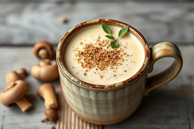 Close-up of mushroom coffee latte in a ceramic mug showcasing creamy froth topped with crushed spices and a small green sprig on a wooden surface