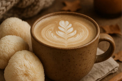 Cup of mushroom coffee with leaf latte art, made with lion’s mane, beside three lion’s mane mushrooms on a linen napkin