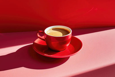 Red espresso cup and saucer resting on a pink tabletop with strong side shadows and red backdrop