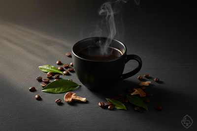 Steaming cup of mushroom coffee amid scattered coffee beans, green leaves, and dried mushroom pieces on a dark tabletop