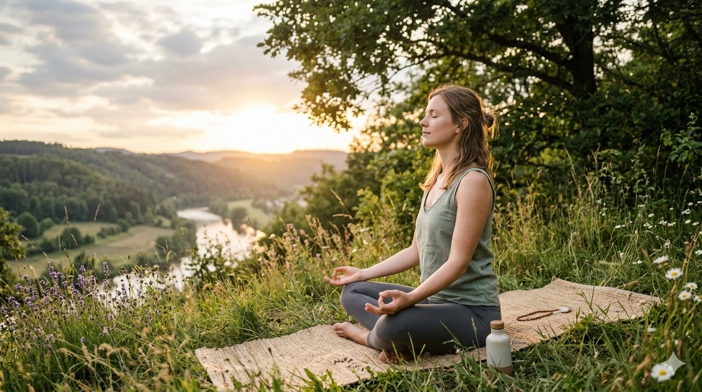 Woman practicing deep breathing outdoors — natural cortisol management
