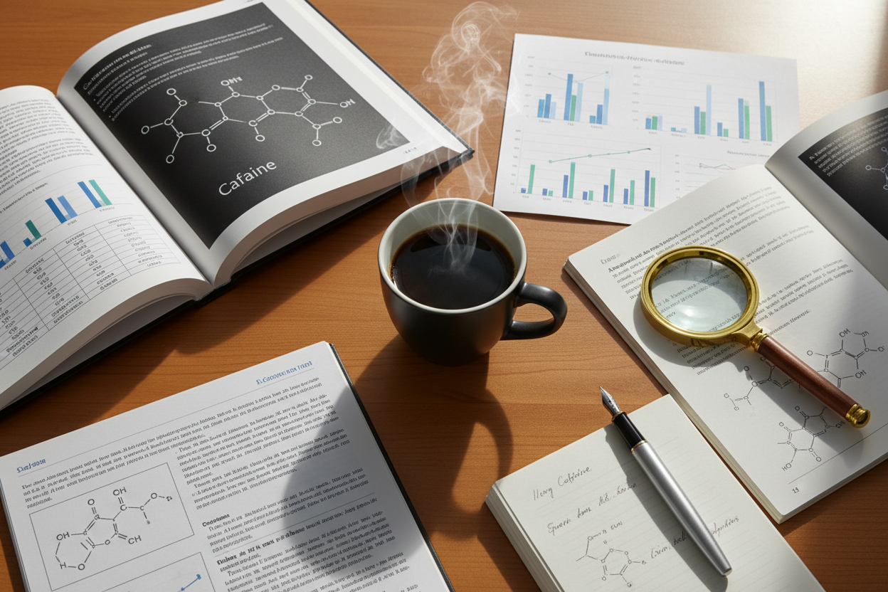 cup of coffee surrounded by research on mushroom coffee benefits
