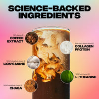 30 Servings of Coffee + FREE Starter Kit featuring coffee extract, collagen, lion's mane, chaga, and L-theanine ingredients.