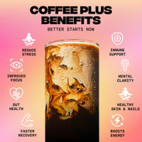 Glass of iced coffee with health benefits listed on a gradient background