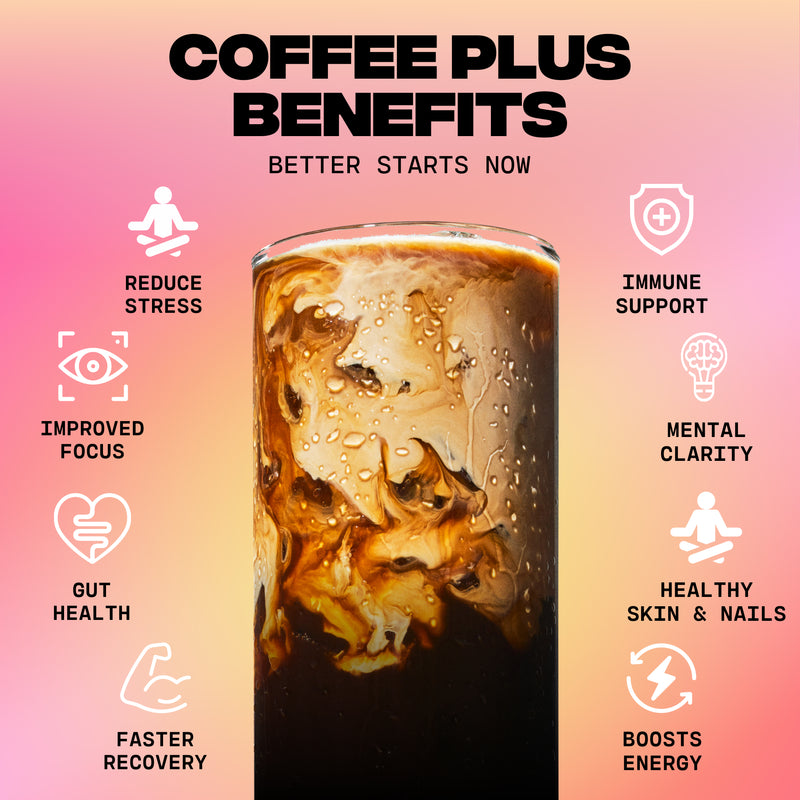 Glass of iced coffee with health benefits listed on a gradient background