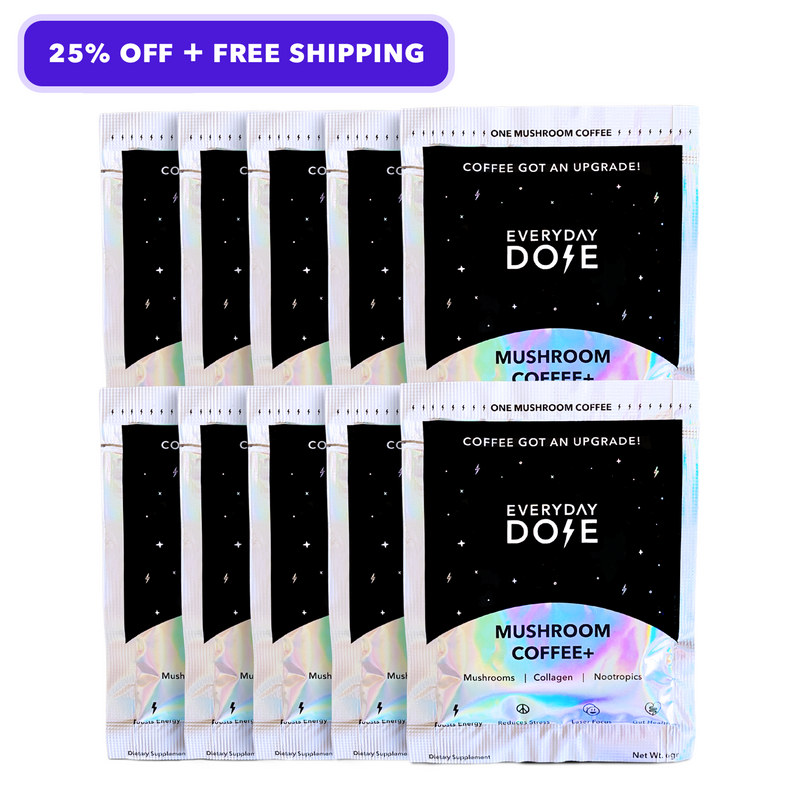 10-Pack of Mushroom Coffee (25% Off International Coffee Day Special) with collagen, nootropics, free shipping offer.