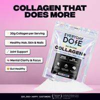 Package of Everyday Doze collagen plus powder on pink background with health benefit icons and text