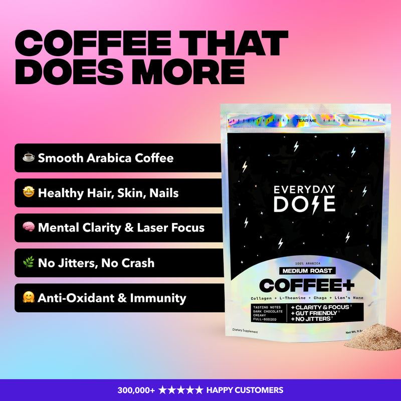 Package of medium roast coffee with benefits listed including smooth Arabica, mental clarity, no jitters, and immunity boost
