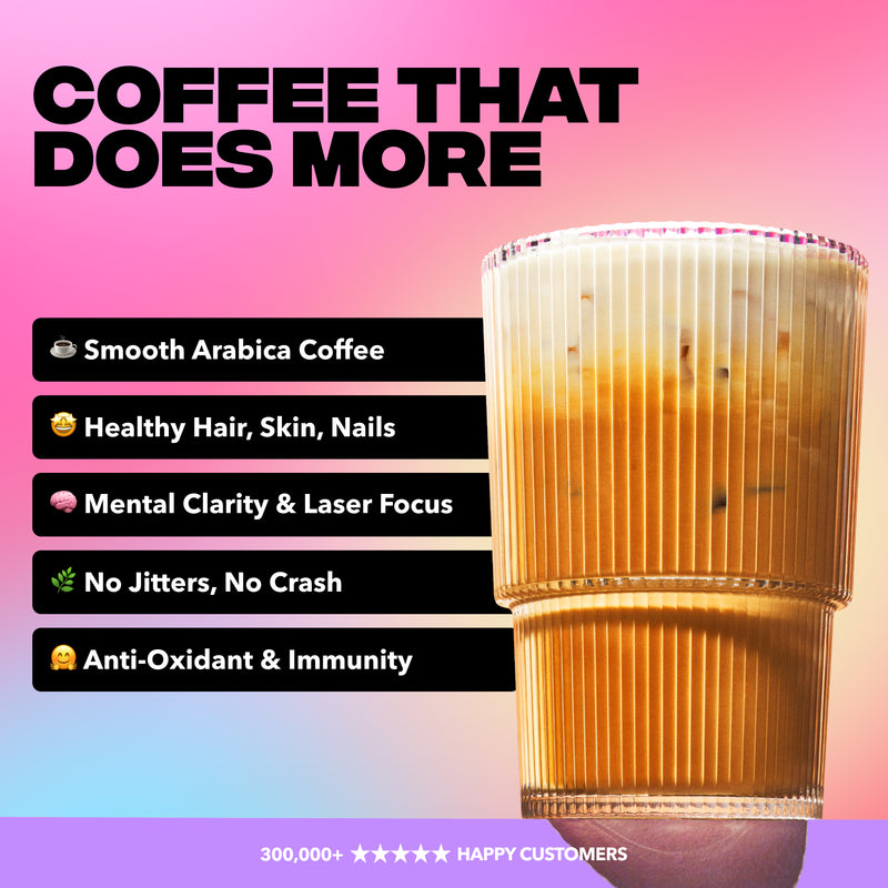 Promotional banner showing ‘Coffee That Does More’ headline and an iced mushroom coffee with benefits: mental clarity, no jitters, antioxidant immunity