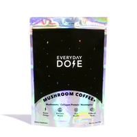 Everyday Dose 30-Servings Mushroom Coffee+ in holographic resealable pouch with black and silver design