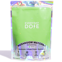 Green pouch of Mushroom Matcha+ with holographic elements showcasing wellness benefits and product features