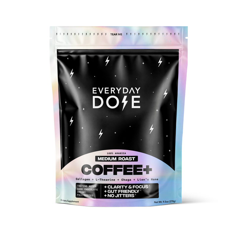 Everyday Dose medium roast coffee package with collagen and natural supplements for clarity and gut health