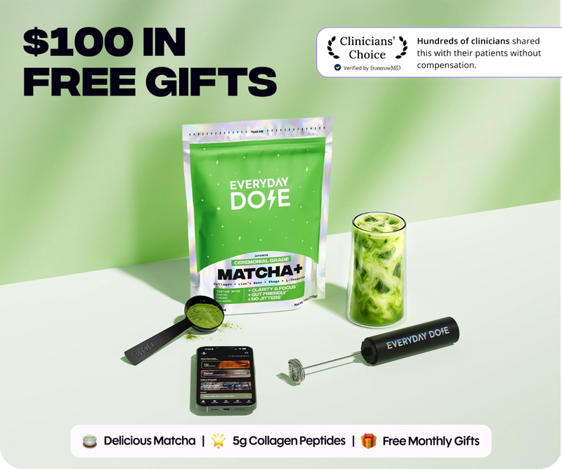 Front view of Mushroom Matcha Drink Mix and free starter kit with free gifts, iced matcha, scoop, and frother