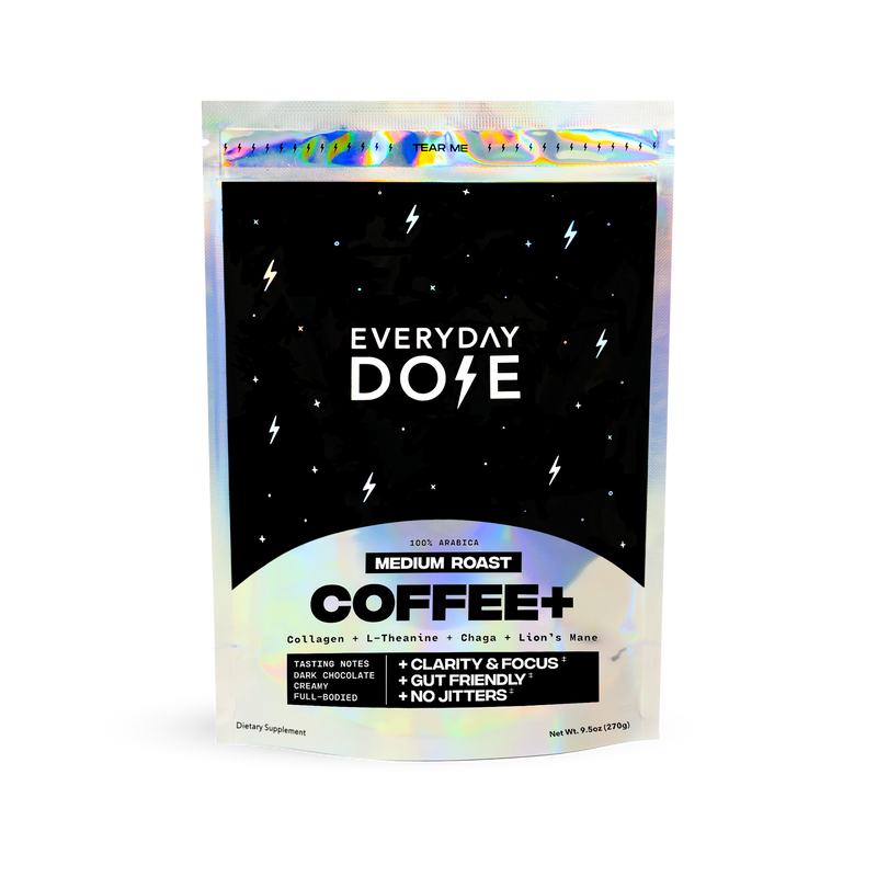 Coffee+ medium roast powder in a holographic resealable pouch with lightning bolt and star designs