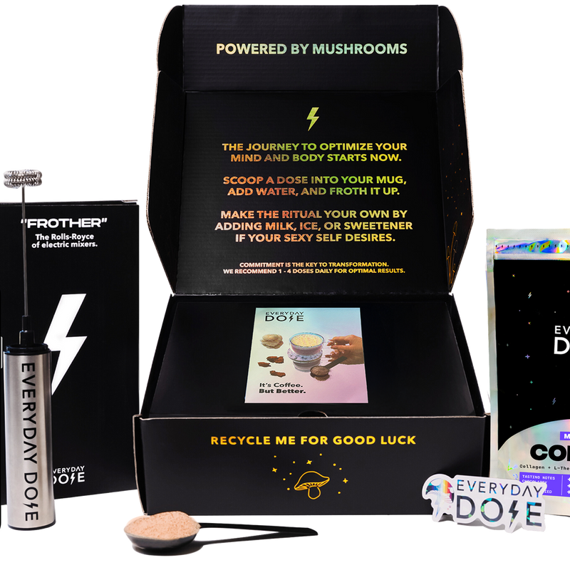 [INFLUENCER] 30-Servings Coffee+ Mild Roast + Starter Kit with coffee pouch, frother, scoop, and branded packaging for a complete coffee experience