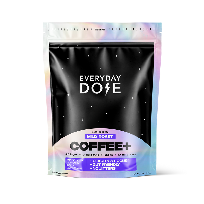 Black and iridescent pouch of mild roast coffee with clarity and focus benefits, labeled Everyday Dose Coffee Plus