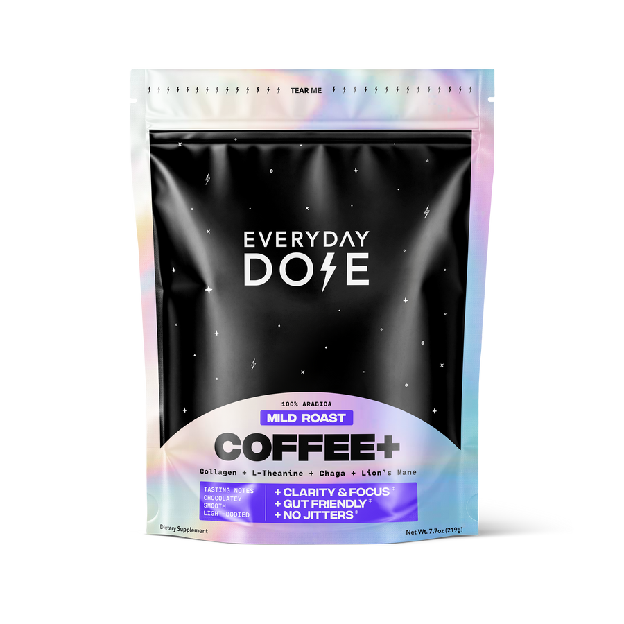 Everyday Dose Coffee+ mild roast bag highlighting clarity, focus, gut-friendly benefits, and no jitters at gallery position 1