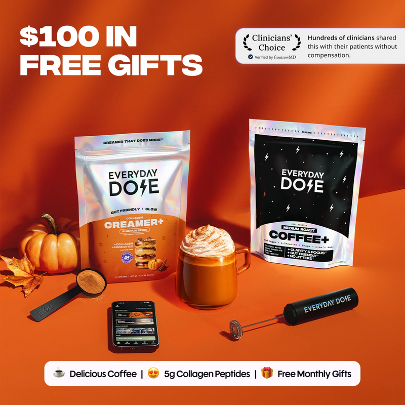 Promotional graphic showing Everyday Dose coffee and creamer pouches with a coffee cup scoop whisk phone and pumpkins