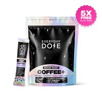 Black and iridescent coffee supplement pouch with stick pack featuring medium roast and added health benefits text