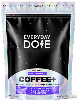Front view of Everyday Dose Mild Roast COFFEE+ pouch showing black holographic resealable bag with label reading Clarity and Focus and Gut Friendly
