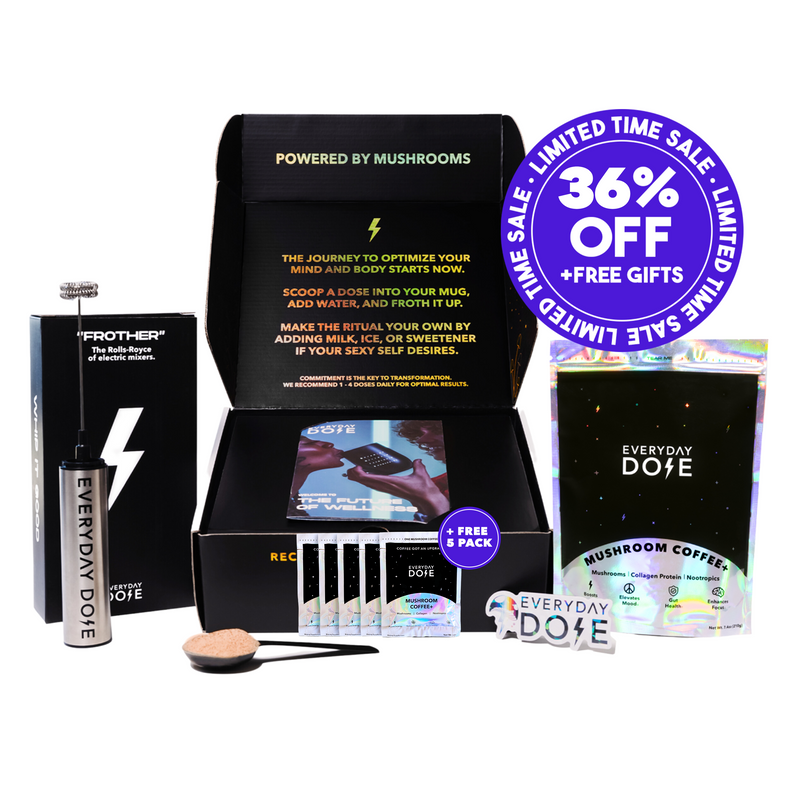 30 Serving of Mushroom Coffee + FREE Starter Kit + 5 FREE To-Go Sachets Mental Health Special with 36% off and free gifts.