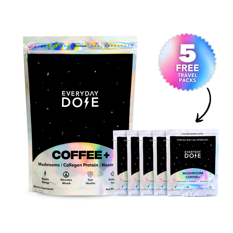 Everyday Dose Mushroom Coffee+ pack with 5 free travel sachets shown against holographic packaging