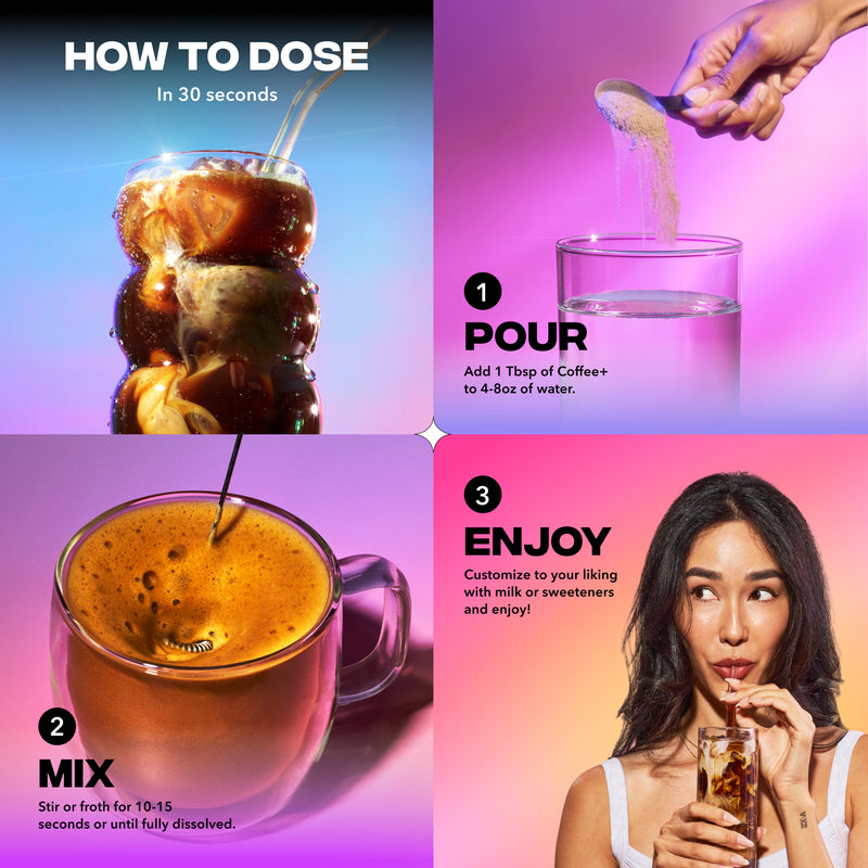 Four-panel infographic showing how to dose and make Everyday Dose Mushroom Coffee in 30 seconds