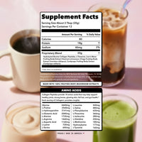 Supplement facts label showing serving size, calories, protein, sodium, proprietary blend, and amino acids for a dietary product.