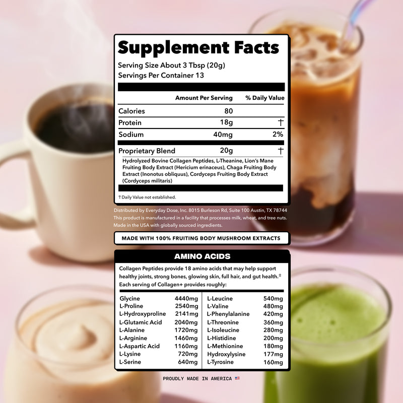 Supplement facts label showing serving size, calories, protein, sodium, proprietary blend, and amino acids for a dietary product.