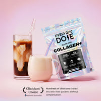 Holographic pouch of collagen powder next to iced coffee and creamy drink with clear straws on pink background