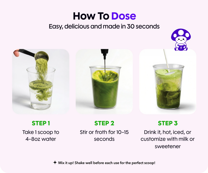How To Dose Mushroom Coffee: add 1 scoop to 4 to 8 oz water, stir or froth 10 to 15 seconds, then drink hot or iced