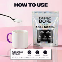 Spoonful of powder above a white mug with purple handle next to a collagen supplement pouch on pink table