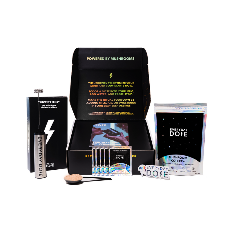 Mushroom Coffee starter kit with 30 servings, bonus sachets, and accessories in sleek black packaging