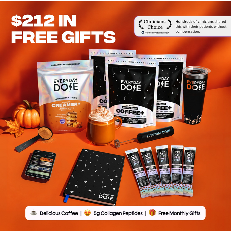 Everyday Dose coffee products and samples displayed with a pumpkin mug tablet and promotional text about free gifts and collagen peptides