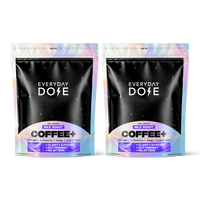 Two packets of Everyday Dose mild roast coffee with collagen and no jitters in black and pastel packaging.