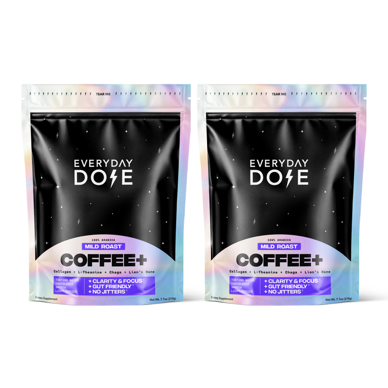 Two packets of Everyday Dose mild roast coffee with collagen and no jitters in black and pastel packaging.