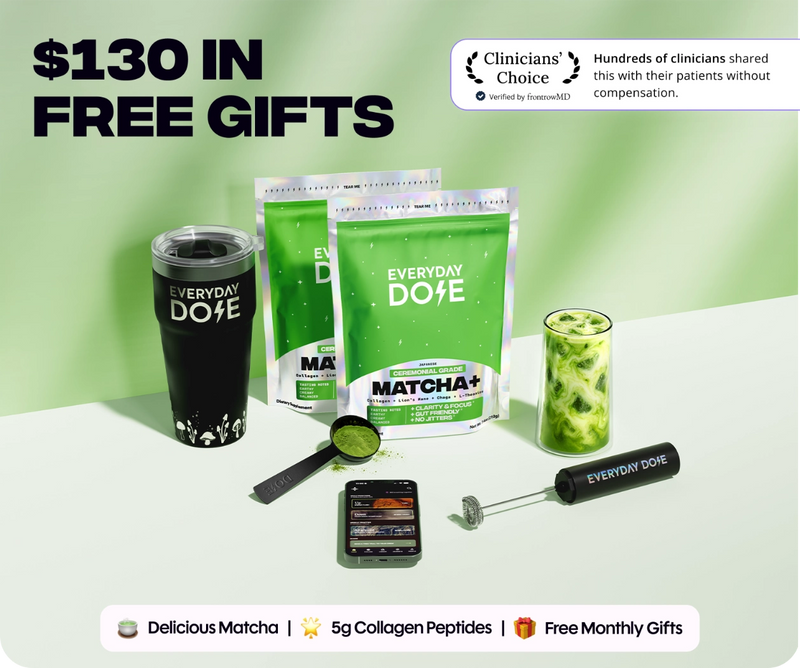 Everyday Dose matcha bags with a black tumbler scoop frother phone and green matcha drink promoting 130 dollars in free gifts
