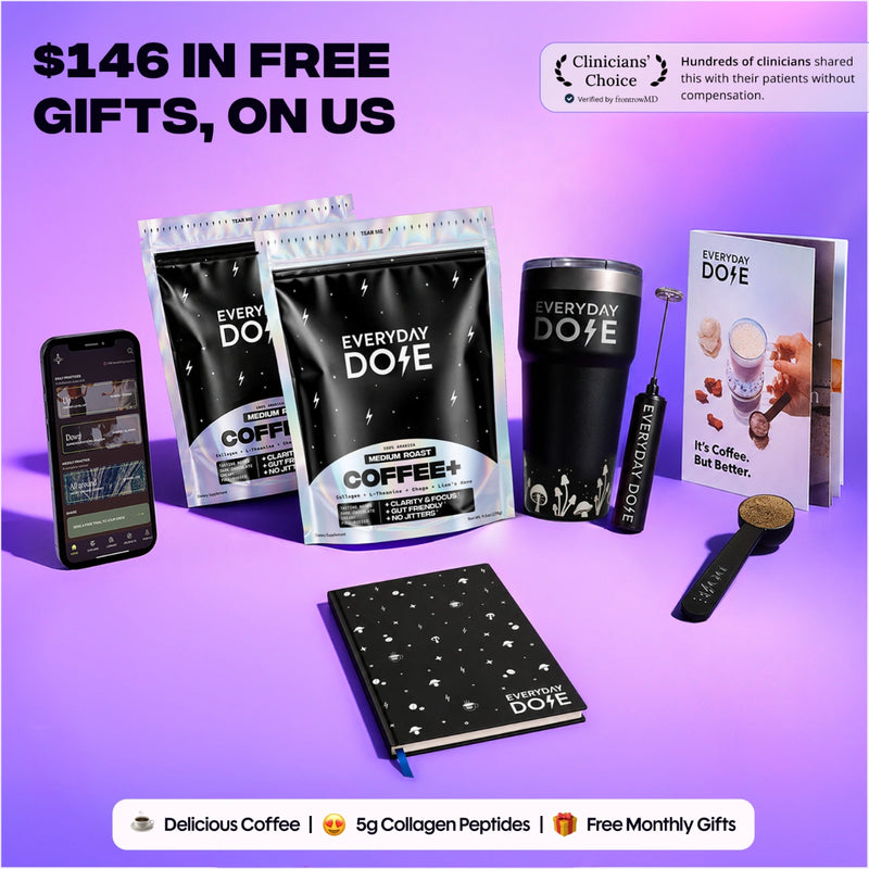 Promotional graphic showing two coffee bags a black tumbler scoop notebook phone and gift offer text on a purple background