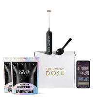 Coffee brewing kit including two medium roast coffee bags, frother, scoop, branded box, and smartphone app display