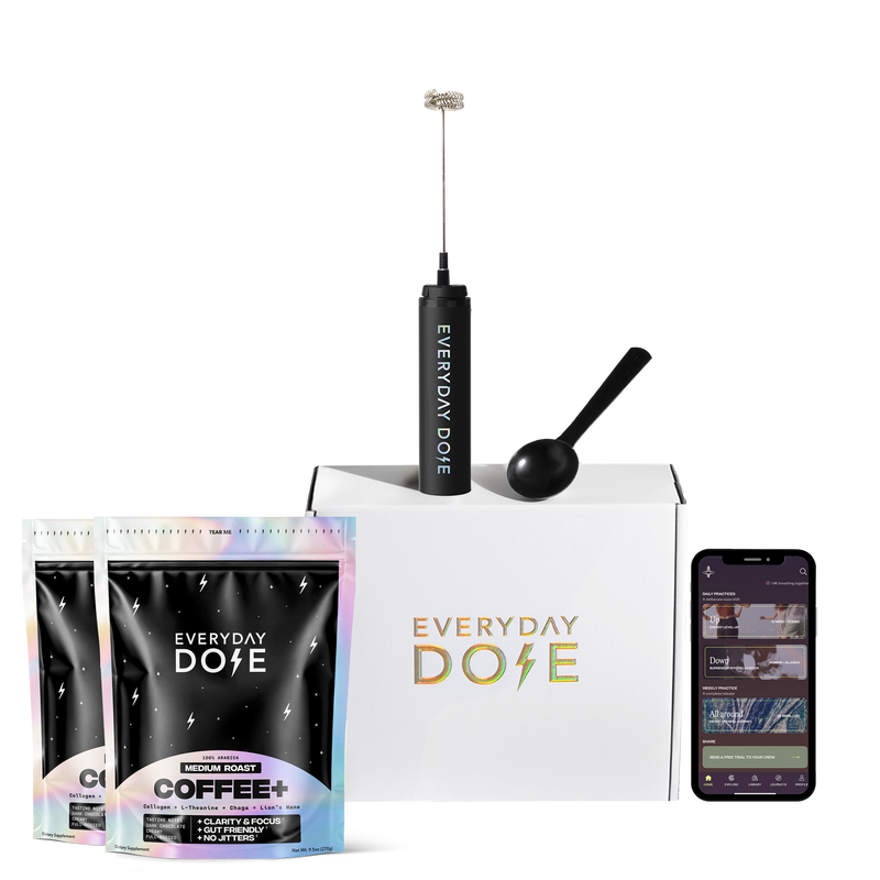Coffee brewing kit including two medium roast coffee bags, frother, scoop, branded box, and smartphone app display