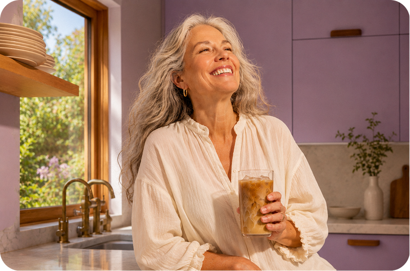 Smiling woman holding an iced coffee in a sunlit kitchen