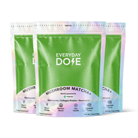Green and white resealable pouches of mushroom matcha dietary supplement with mood, energy, and focus benefits displayed